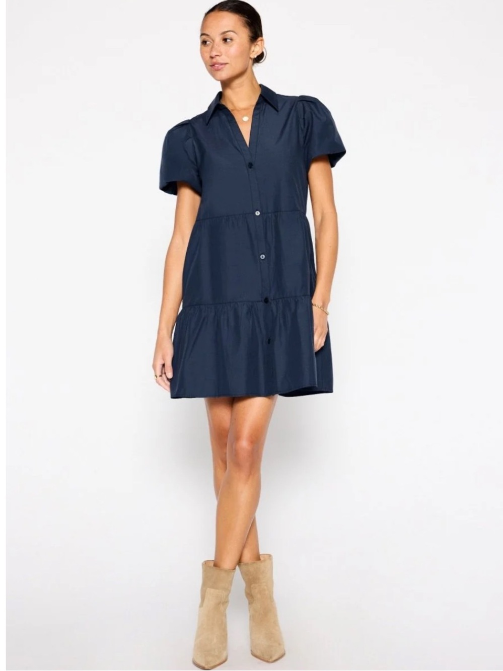 Brochu Walker The Havana Mini Dress Navy Button-Front Puff-Sleeve. Size L
